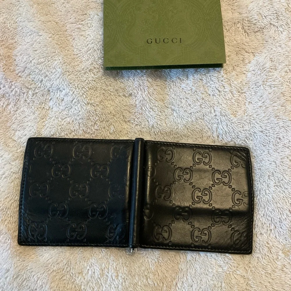 Gucci GG Check Wallet Money Clip Bifold Black Leather Made in Italy